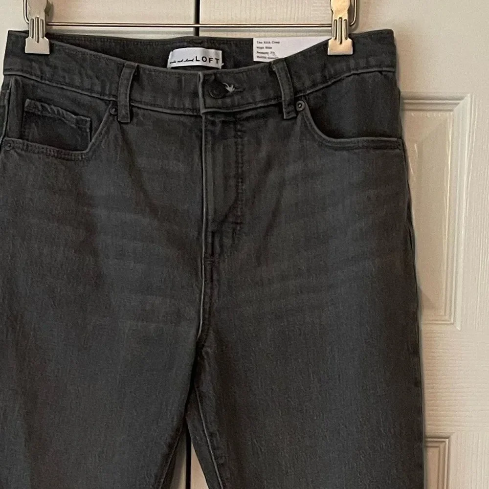 LOFT The Kick Crop High Rise Dark Gray Jeans Frayed Hem Size 4 Petite